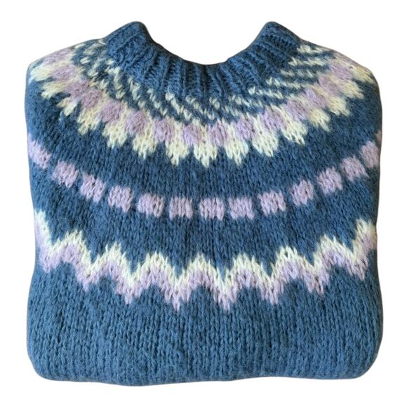 Vintage Handknit Fair Isle Wool Sweater Blue Lavender Cream Nordic Yoke medium - Picture 11 of 11
